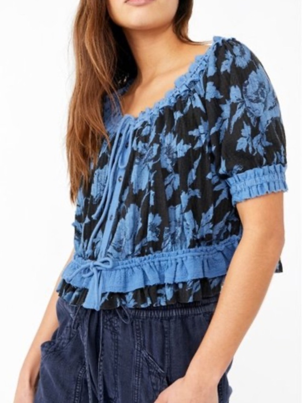 Free People perfect day Blue and Black Floral Smocked Crop Blouse